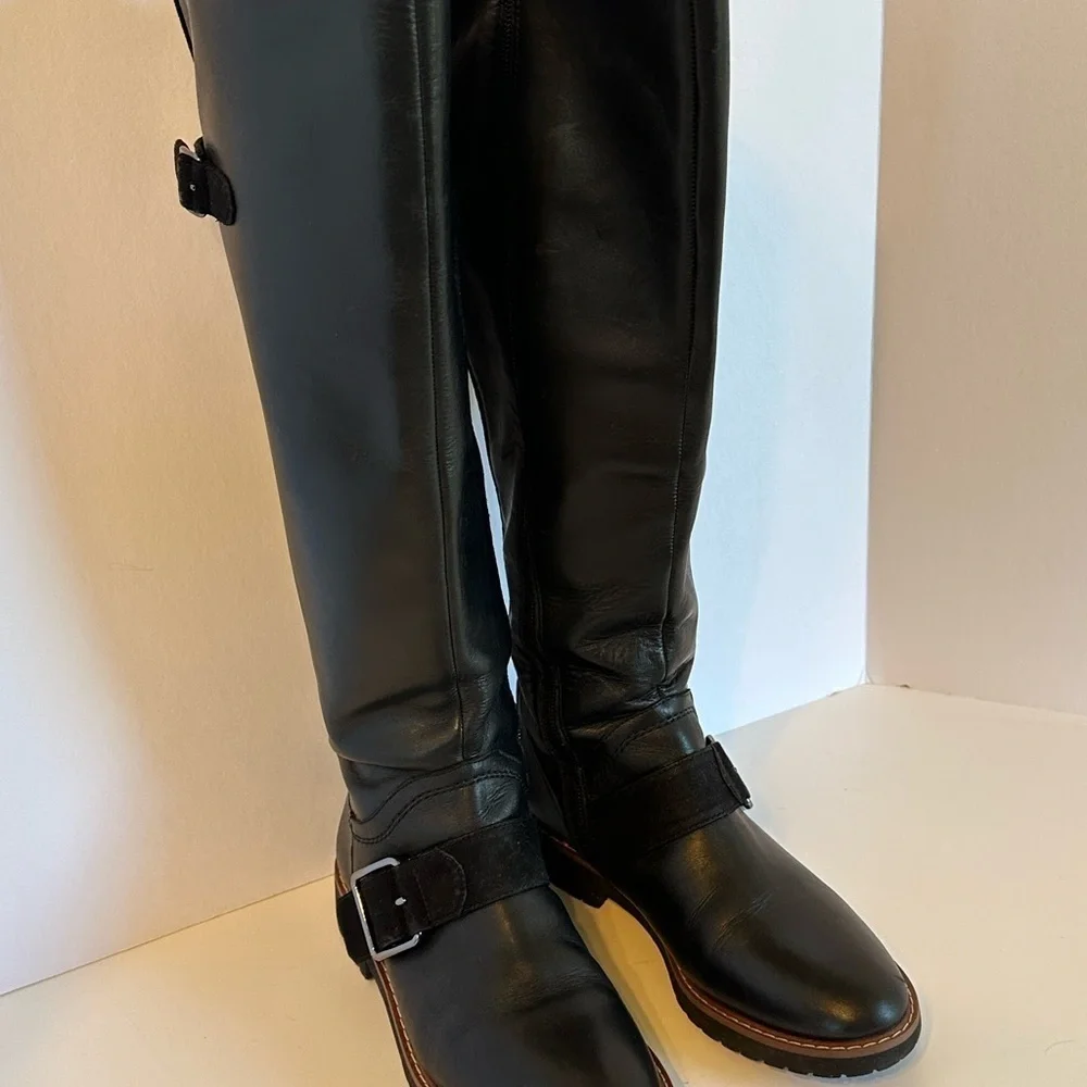Franco Sarto Black Leather Knee-High Riding Boots with Buckle Sz 5